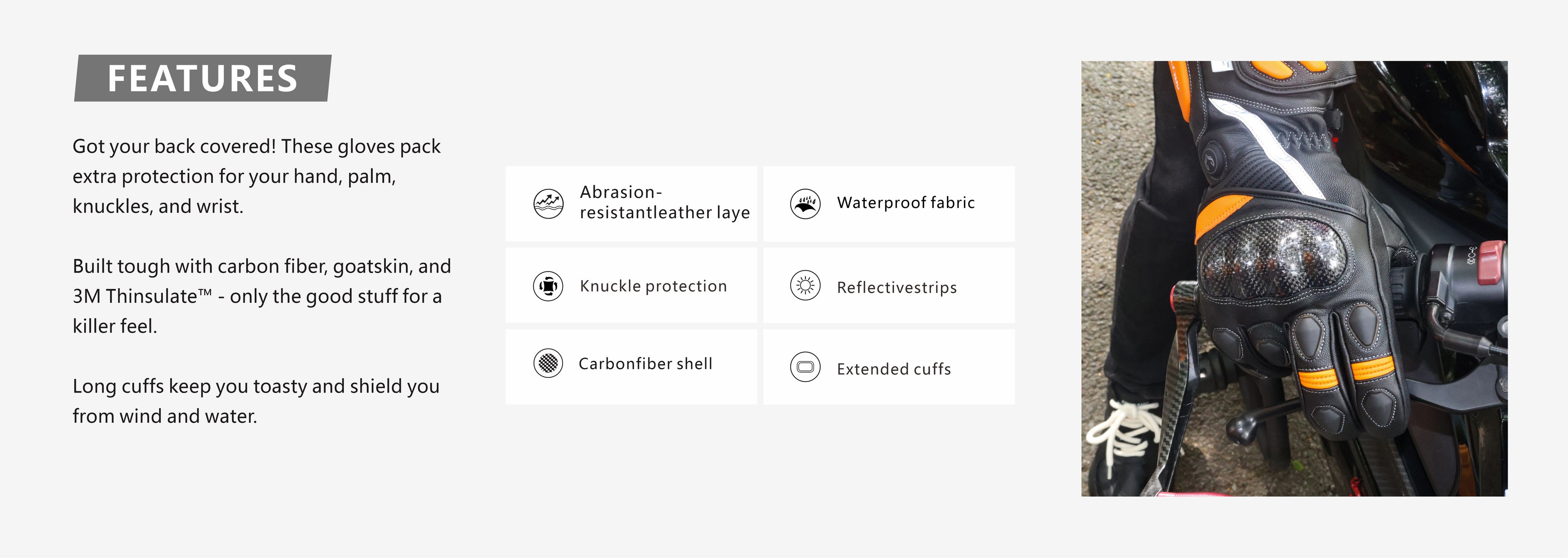 This picture shows the core advantages of the “Tempest” glove.