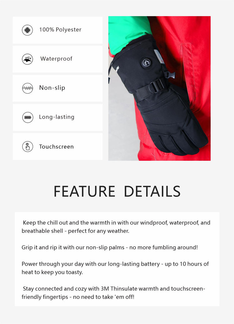 This picture shows in detail the benefits of this heated glove from Winter Shield