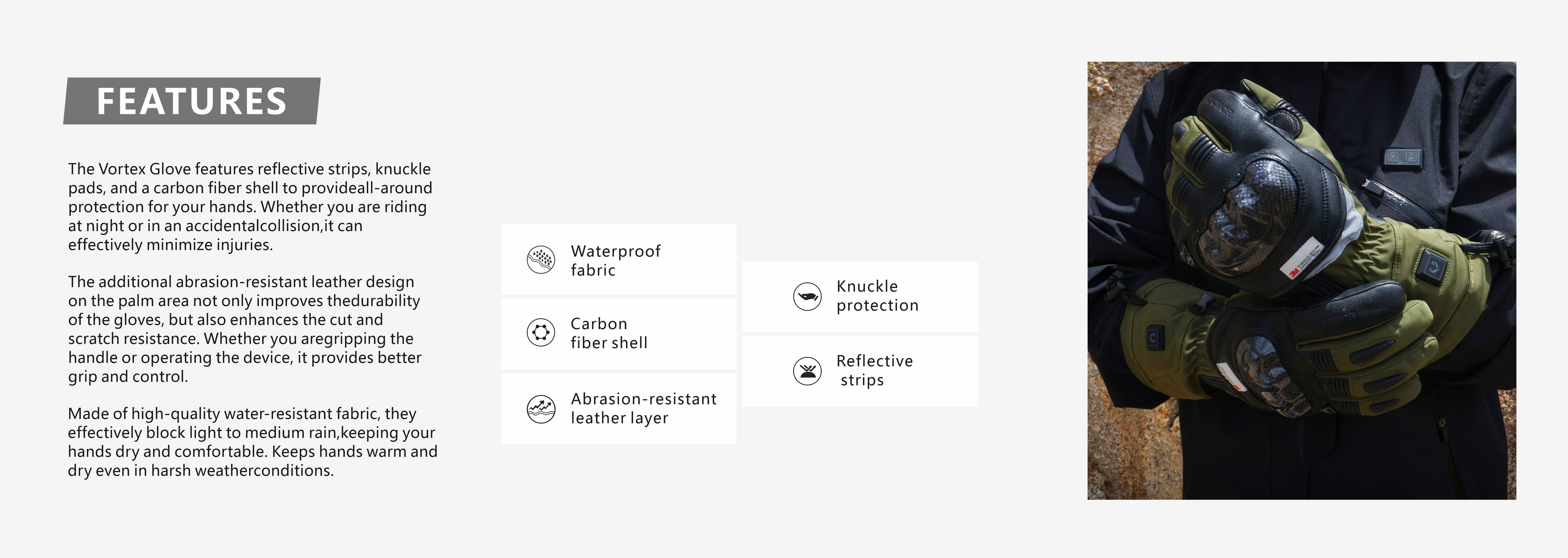 This picture shows the core advantages of the “Vortex” glove.